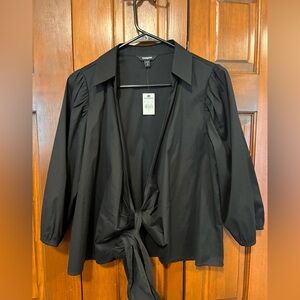 NWT Express Black Wrap Collared Tie Shirt with 3/4 gathered sleeves Size LG